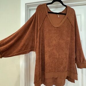 Free People Brown Oversized V-Neck Terry Pullover